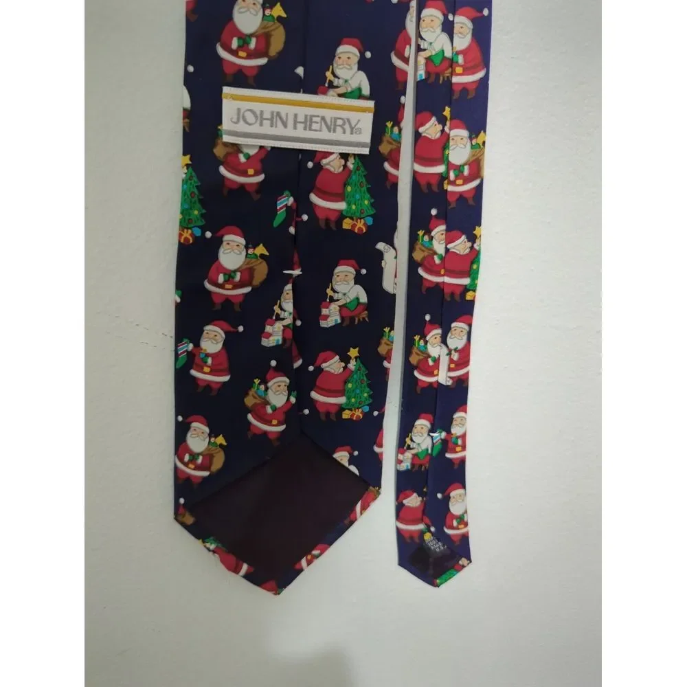 John‎ Henry Mens Navy Blue 100% Silk Santa Claus Christmas Holiday Necktie USA